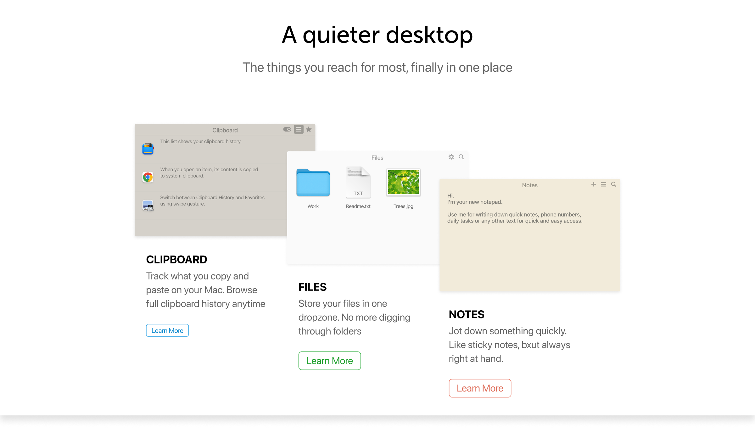 After: 'A quieter desktop' panel with benefit-led, consistent copy
