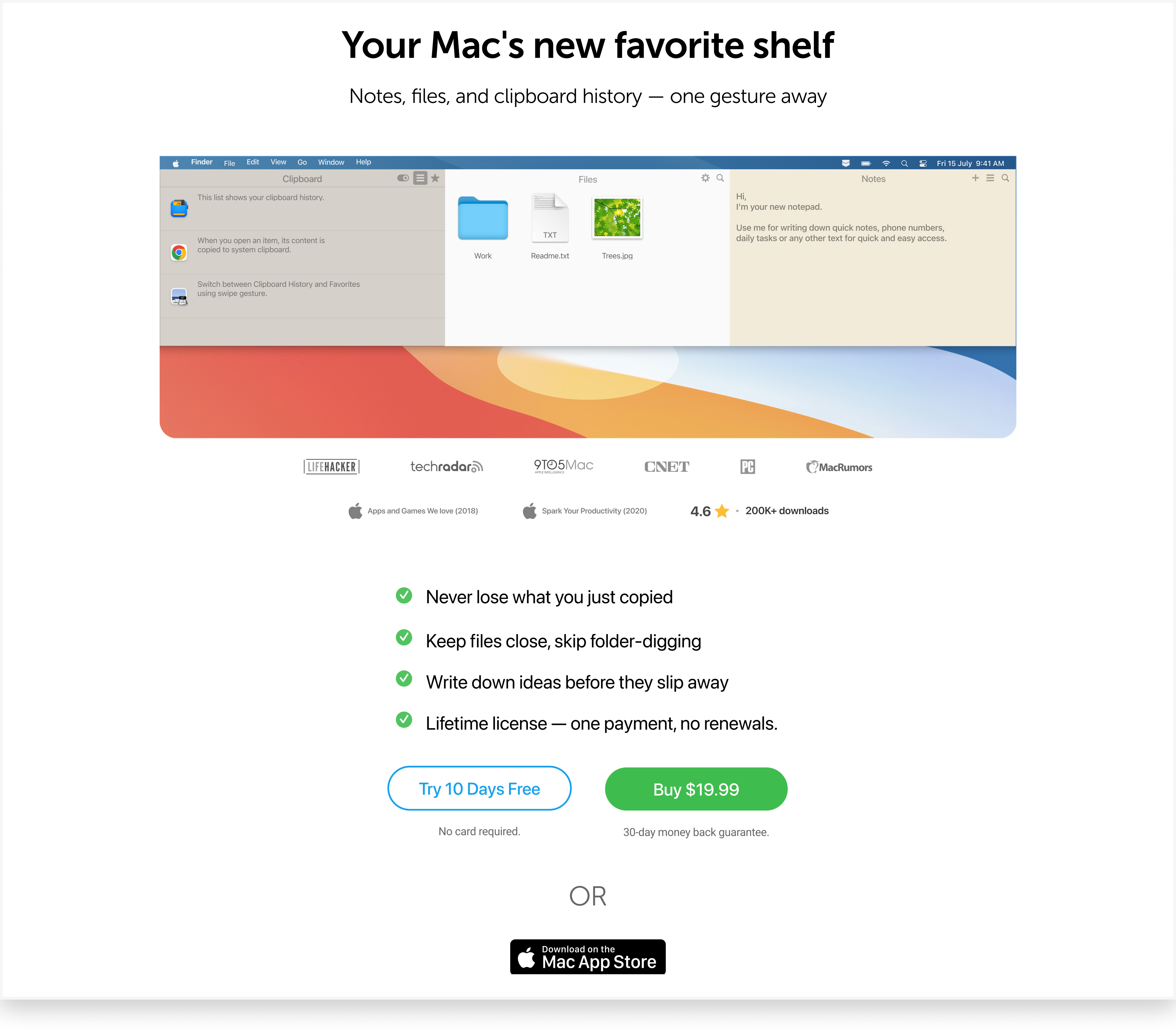 After: 'Your Mac's new favorite shelf' hero with a single CTA, sticky header, and press mentions next to the button