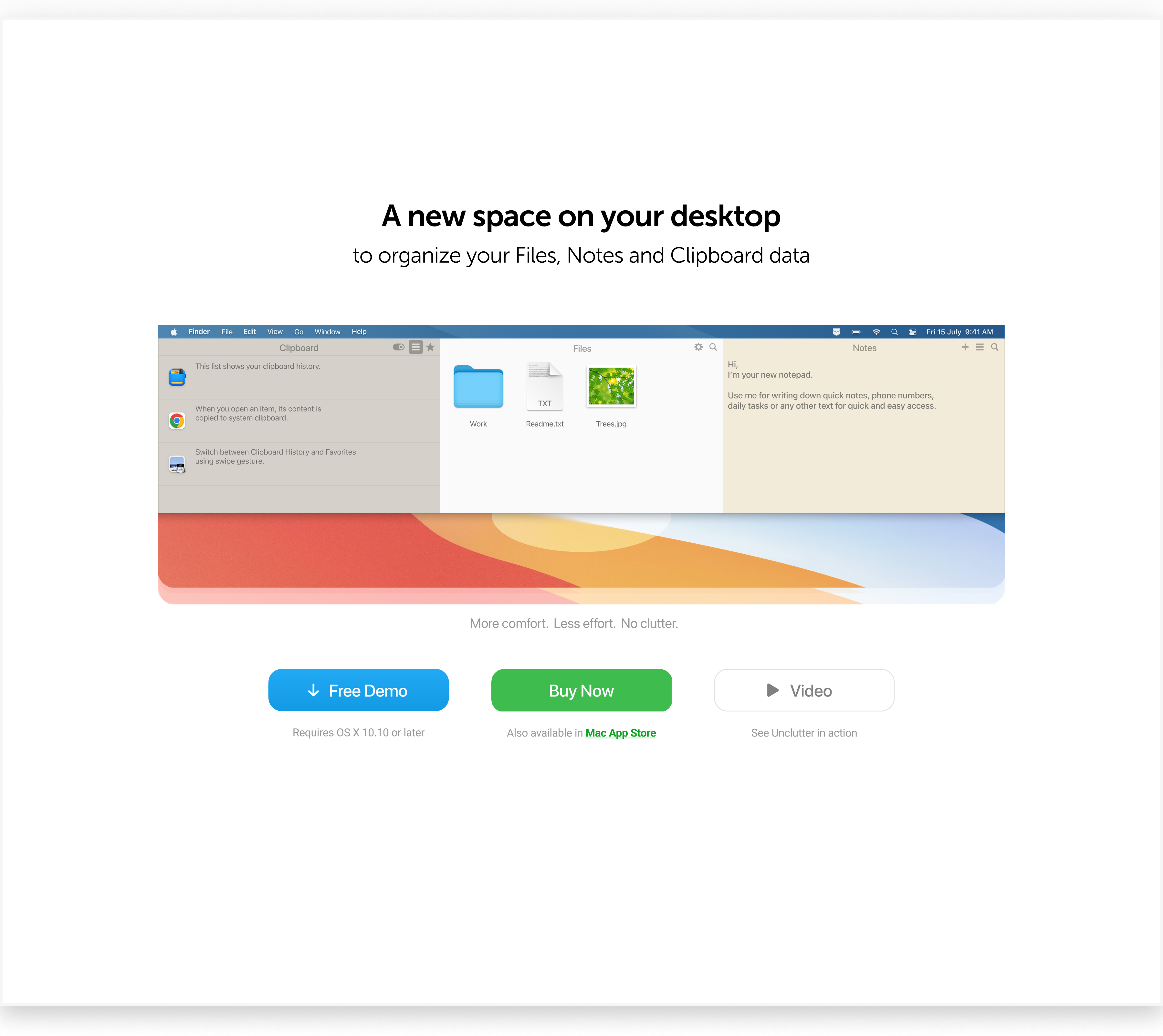 Before: 'A new space on your desktop' hero with three competing buttons (Free Demo, Buy Now, Video)