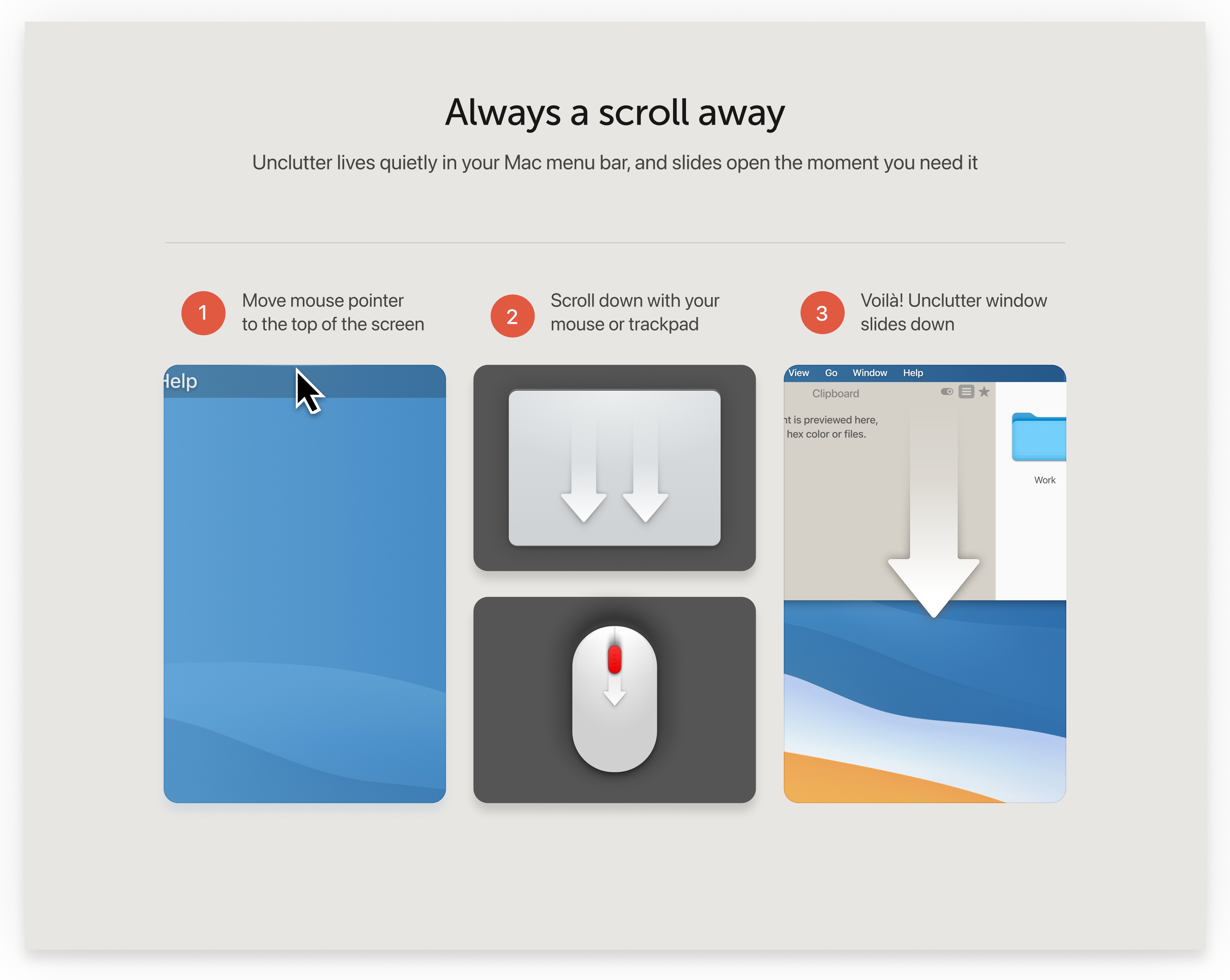 After: 'Always a scroll away' three-step explainer with added caption